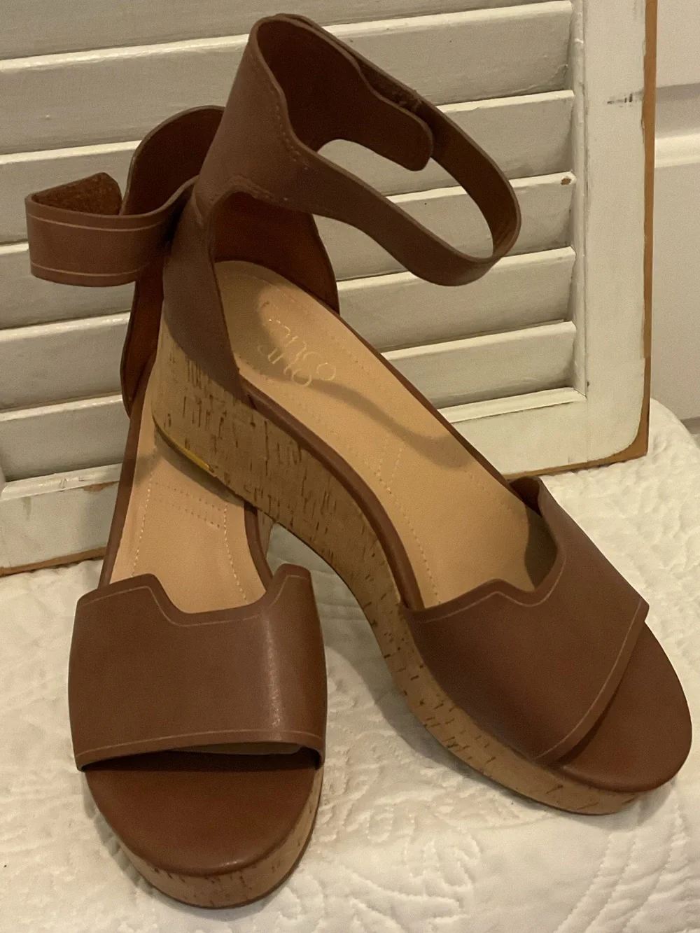 Franco Sarto Tan Leather Cork Wedge Sandals with Ankle Strap